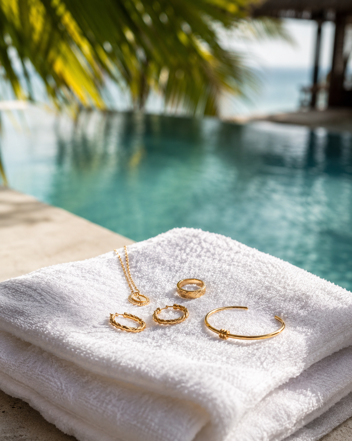 Delicate gold jewelry — a necklace, rings, and a hoop earring — laid on a white folded towel beside a sunlit pool, with a palm frond in the foreground and the ocean visible in the distance
