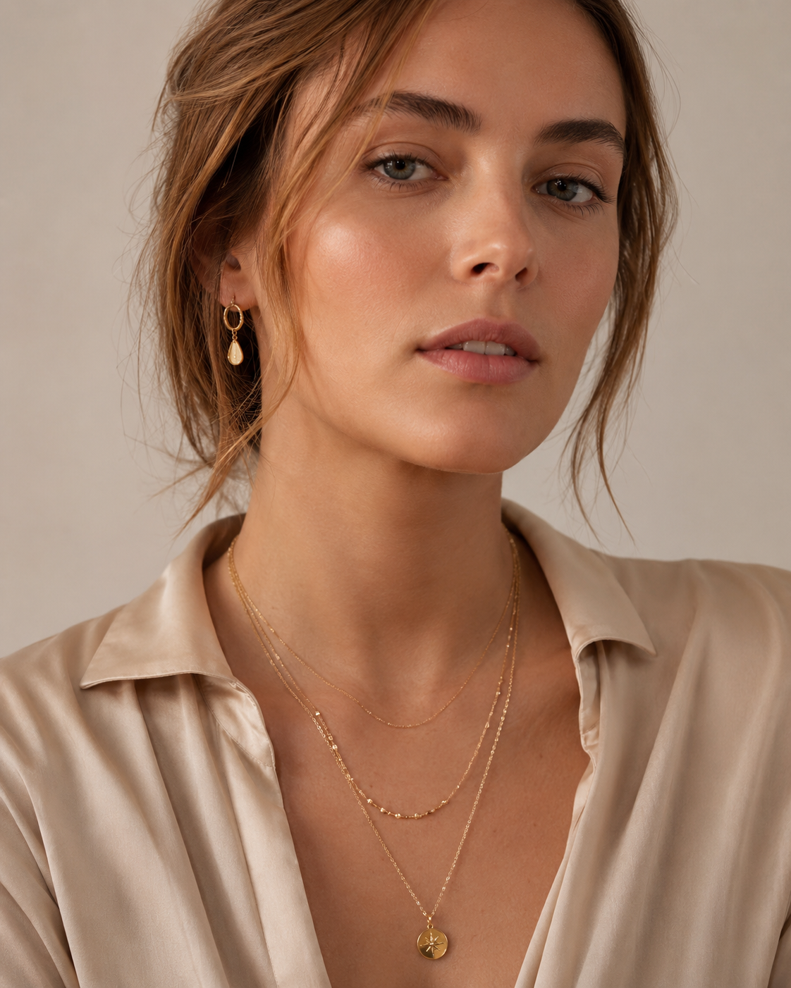 A close-up portrait of a woman wearing layered thin gold necklaces and a gold pearl-drop earring against a soft neutral backdrop.