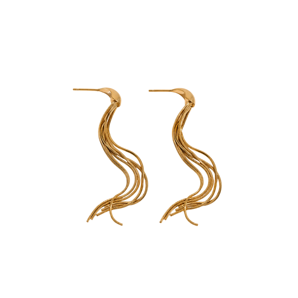 Cygnus Earrings product view – flowing 18K gold multi-chain long drop earrings Arina Linea limited collection