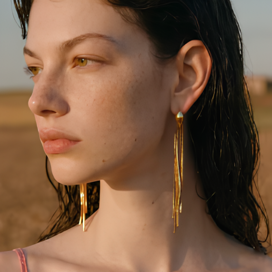 Cygnus Earrings worn on model – cascading 18K gold chain drop earrings by Arina Linea