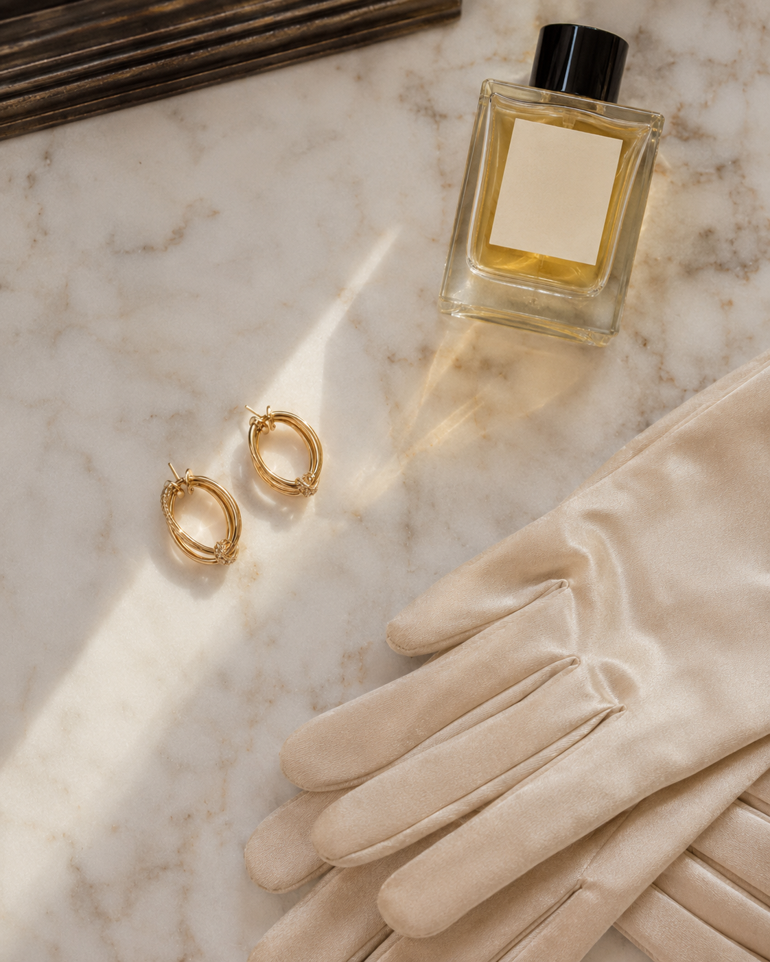 A pair of textured gold hoop earrings resting on a sunlit marble surface beside a bottle of perfume and a pair of folded velvet gloves