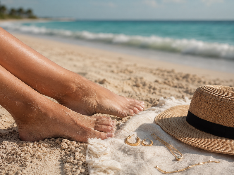 A flatlay of well-worn gold hoop earrings, a fine chain necklace, and a delicate bracelet arranged on a linen towel beside bare feet and a straw hat at the beach